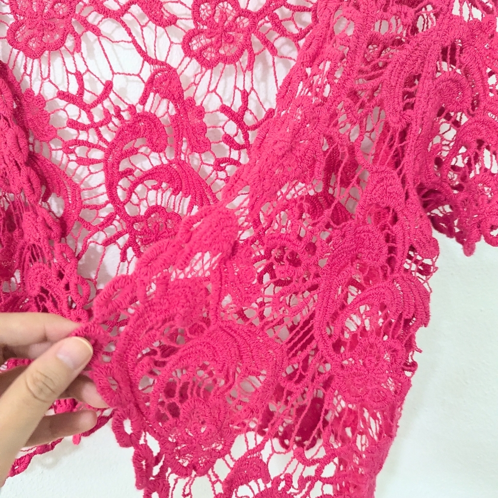 Vintage Y2K Open Crochet Short Sleeve Top Open Front Scalloped Knit Pink XL - Picture 3 of 7